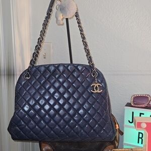 Chanel Blue Glazed Crackled Quilted Patent Large Just Mademoiselle Bowler Bag